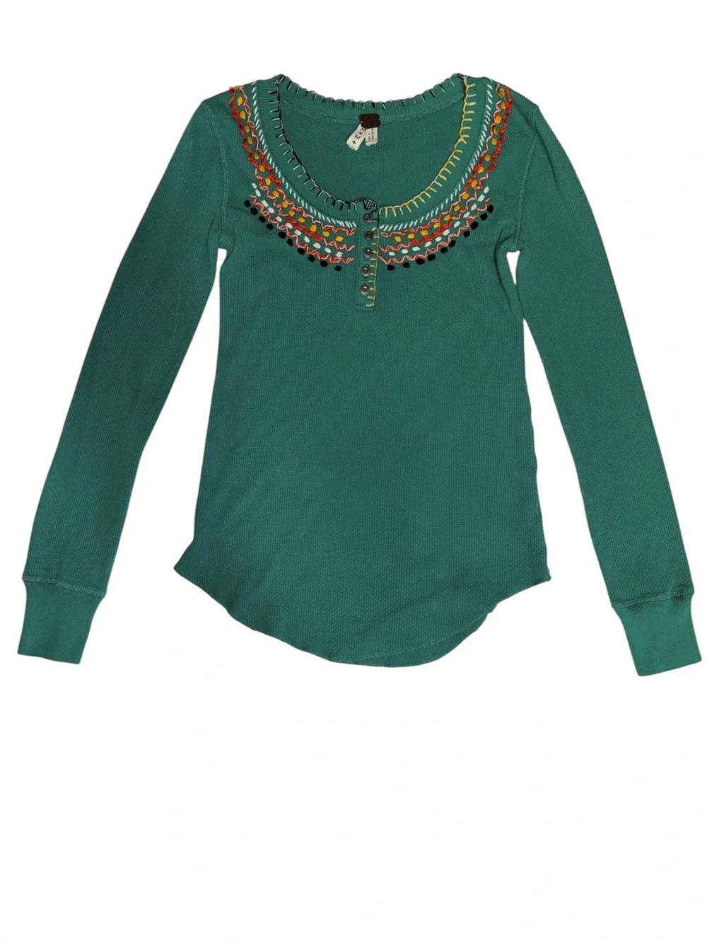 Free People Henley Waffle Thermal embroidery long sleeve top Emerald Green